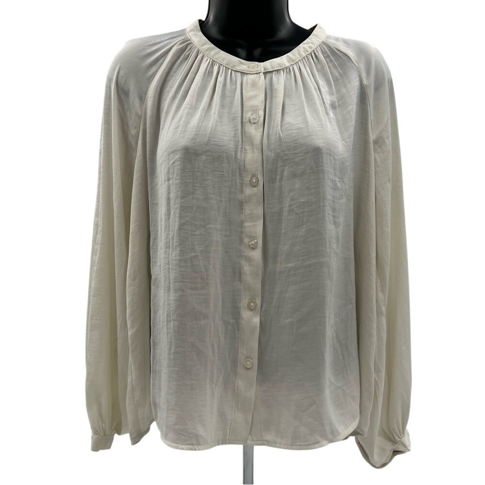 A New Day Womens Cream Long Sleeve Button Down Blouse XS Recycled Polyester